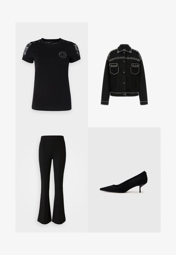 Giacca di jeans nera con borchie argentate lungo le spalle, le tasche e l'orlo. Presenta un colletto classico e una chiusura con bottoni.; Guess T-shirt con stampa - jet black; Pantaloni neri a zampa d'elefante realizzati in un materiale elastico con una texture liscia, caratterizzati da dettagli delle cuciture lungo la parte anteriore per un tocco di design in più.; Scarpa nera in suede con tacco alto appuntito e tacco sottile e basso. Texture liscia con un design elegante, priva di accessori visibili.