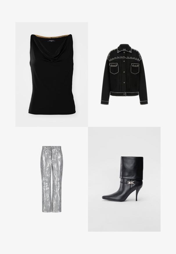 Schwarze Jeansjacke mit silbernen Nieten an den Schultern, Taschen und dem Saum. Sie verfügt über einen klassischen Kragen und eine Knopfleiste vorn.; Schwarzes ärmelloses Oberteil mit einem drapierten Ausschnitt und einem goldenen Kettenakzent an der Schulter. Hergestellt aus glattem Stoff mit einer figurschmeichelnden Passform.; Silberne, bestickte Hosen mit einem Blättermuster, geradem Bein Design und einer glatten, glänzenden Textur. Funktionale Taschen und Knopfverschluss.; Schwarze Leder-Ankle-Boots mit spitzer Zehenpartie, hohen Stiletto-Absätzen, umgeschlagenem Schaft und einem goldenen dekorativen Schnallen-Detail an der Knöchel.