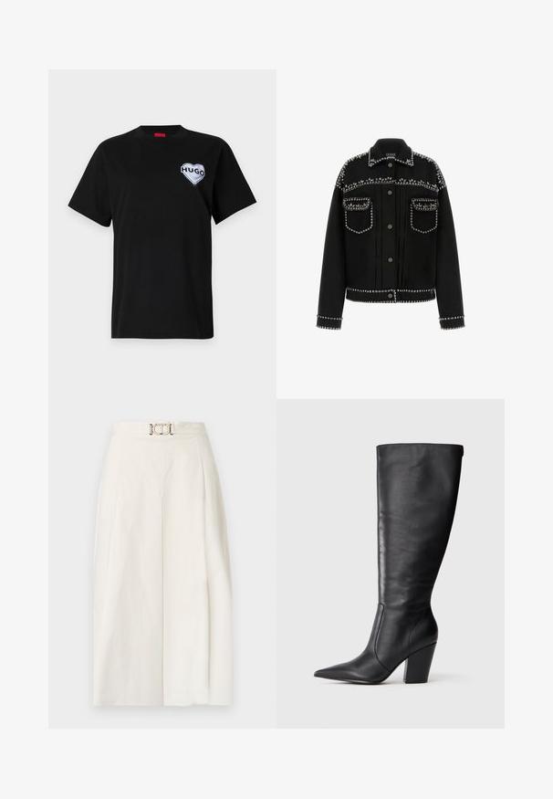 Čierna riflová bunda s striebornými klincami pozdĺž ramien, vreciek a spodného okraja. Má klasický golier a zapínanie na gombíky.; Čierne bavlnené tričko s okrúhlym výstrihom a krátkymi rukávmi, s bielym srdcovým logom "HUGO" na ľavej hrudi.; Biele nohavice so širokými nohavicami z bavlnenej tkaniny. Vlastnosti: vysoký pás s predným záhybom a detailom kovovej spony na opasku. Hladká textura.; Čierna kožená čižma po kolená s špicatou špičkou a masívnym vysokým podpätkom, zobrazená v profilu zľava na bielom pozadí.