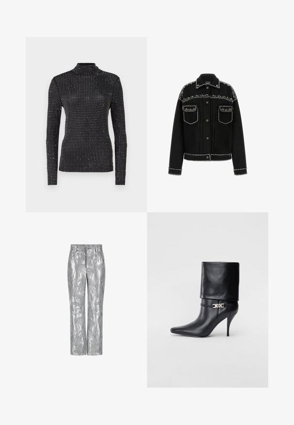 Melna džinsa jaka ar sudraba kniedēm plecu, kabatu un apakšmalas daļā. Tai ir klasiskā apkakle un pogu aizdare.; Melnā garo piedurkņu turtleneck blūze ar pieguļošu dizainu, kurā metāla uzlīmes ir sakārtotas režģa rakstā uz auduma.; Sudraba izšūti bikses ar lapu rakstu, taisna kāju dizains un gluda, spīdīga tekstūra. Funkcionālas kabatas un pogu aizdare.; Melnas ādas potīšu zābaki ar smailu purngalu, augstu stiletto papēdi, salocītu aproci un zeltītu dekoratīvu sprādzi uz potītes.