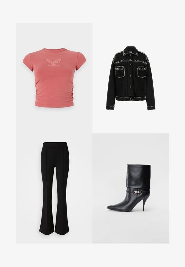 Čierna riflová bunda s striebornými klincami pozdĺž ramien, vreciek a spodného okraja. Má klasický golier a zapínanie na gombíky.; Tielko s krátkym rukávom, priliehavé, v dusty rose farbe, so zberaným detailom na boku a vyšitým logom "GUESS ORIGINALS" v bielej farbe na hrudníku.; Čierne rozšírené nohavice vyrobené z elastického materiálu s hladkou textúrou, so švovými detailmi pozdĺž prednej časti pre zvýraznenie dizajnu.; Čierna kožená členková topánka s špicatou špičkou, vysokým ihlovým podpätkom, prehnutým manžetom a zlatým dekoratívnym sponou na členku.