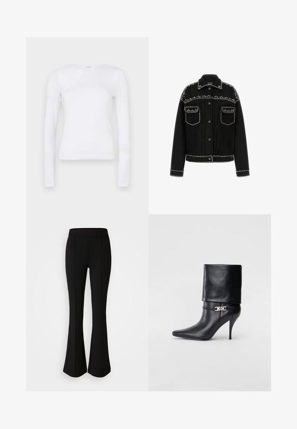 Schwarze Jeansjacke mit silbernen Nieten an den Schultern, Taschen und dem Saum. Sie verfügt über einen klassischen Kragen und eine Knopfleiste vorn.; Weißes Langarmshirt mit glatter Textur, das einen asymmetrischen Ausschnitt und ein leicht gewickeltes Detail an der Vorderseite aufweist.; Schwarze, ausgestellte Hose aus einem dehnbaren Material mit glatter Textur, ausgestattet mit Nahtdetails an der Vorderseite für ein zusätzliches Designelement.; Schwarze Leder-Ankle-Boots mit spitzer Zehenpartie, hohen Stiletto-Absätzen, umgeschlagenem Schaft und einem goldenen dekorativen Schnallen-Detail an der Knöchel.