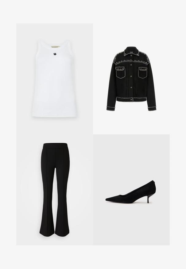 Crna traper jakna s metalnim zakovicama duž ramena, džepova i rubova. Ima klasični ovratnik i zatvaranje na dugme.; Bijela bezrukavna majica od pamuka, s okruglom izrezom i malim logotipom crnog medvjedića na središnjem dijelu. Glatka tekstura.; Crne raširene hlače izrađene od rastezljivog materijala s glatkom teksturom, s detaljima šava uz prednju stranu koji dodaju dizajnerski efekt.; Crna nubuk visoka potpetica s šiljastim vrhom i tankom, niskom potpeticom. Glatka tekstura s elegantnim dizajnom, bez vidljivih dodataka.