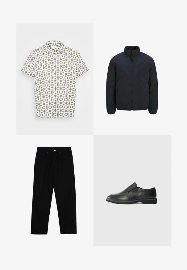 Veste isolante noire avec un col haut, une fermeture éclair à l'avant et des poignets élastiques. Texture de surface lisse, conception légère. Une poche poitrine.; Chemise à manches courtes en tissu blanc avec un motif géométrique marron. Dotée d'un col classique et d'une texture subtile.; Pantalons en denim noir avec une coupe droite, un design à cinq poches et une fermeture à bouton à l'avant. Texture lisse avec des détails de couture minimaux.; Chaussure slip-on en cuir noir avec une tige lisse, des accents cousus, un bout arrondi et un petit talon en caoutchouc. La semelle présente un profil de traction minimal.