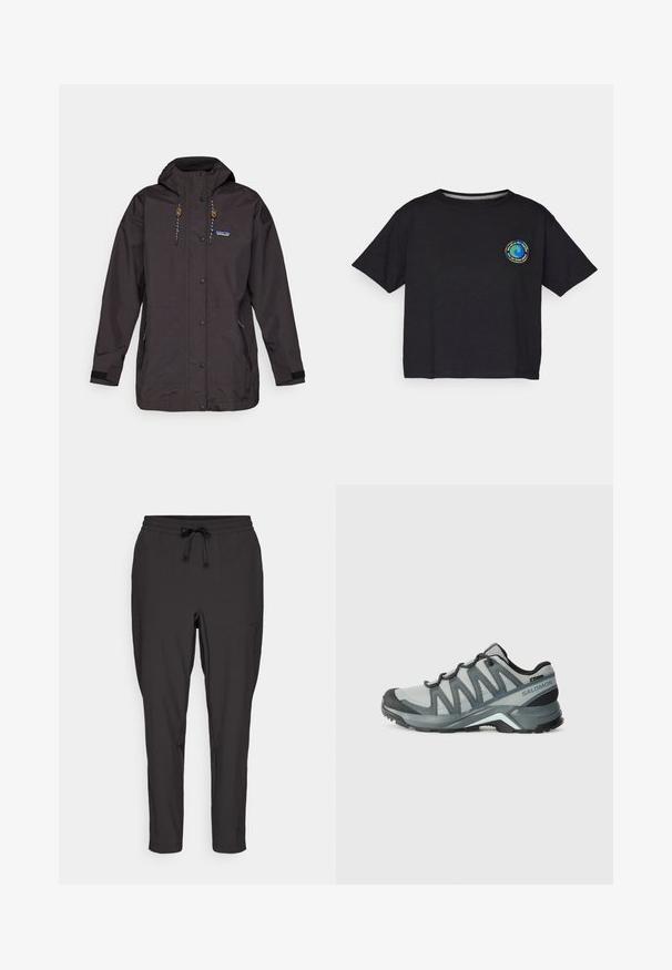 Schwarze wasserfeste Jacke mit Kapuze, Druckknöpfen und Kordelzug. Verfügt über Seitentaschen und strukturierte Stoffe mit einem Logo-Highlight.; Schwarzes Baumwoll-T-Shirt mit kurzen Ärmeln, das auf der Brust ein rundes, mehrfarbiges Logo zeigt. Gerader Saum und lockere Passform.; Schwarze Jogginghose mit elastischem Bund, Kordelzug und Seitentaschen. Hergestellt aus einem glatten, leichten Stoff.; Leichte Wanderschuhe aus grauem Mesh mit dunklen Akzenten. Sie verfügen über eine strukturierte Laufsohle und eine gepolsterte Ferse für Komfort und Grip.