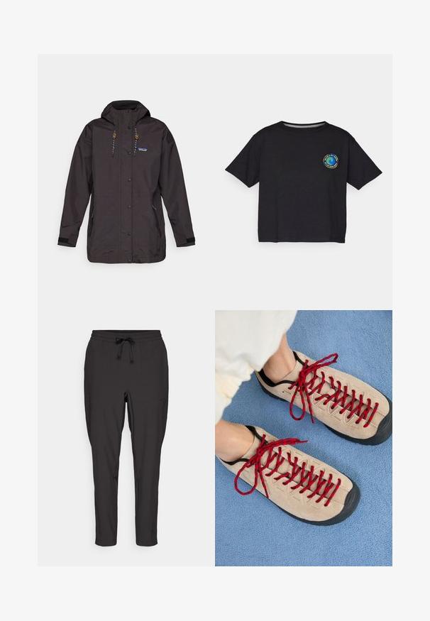 Zwarte waterdichte jas met een capuchon, drukkknopen en een trekkoord. Bevat zijzakken en een gestructureerde stof met een logoaccent.; Zwart katoenen T-shirt met korte mouwen en een ronde, multicolor logo op de borst. Rechte zoom en een relaxte pasvorm.; Zwarte joggers met een elastische tailleband, trekkoorddetails en zijzakken. Gemaakt van een gladde, lichte stof.; Beige schoenen met rode veters, geplaatst op een blauwe, gestructureerde ondergrond, onthullen gedeeltelijk de enkel van een persoon. De schoenen hebben een sportief ontwerp.