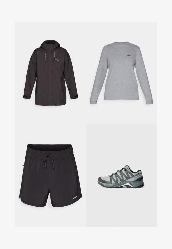 Svart vanntett jakke med hette, trykknapper og snøring. Den har sidelommer og tekstureret stoff med logo-akcent.; Patagonia LOGO RESPONSIBILI-TEE - Topper langermet - gravel heather; Sorte svømmedrakter laget av lett materiale, med elastisk midje, snøring og sidelommer for funksjonalitet.; Lettvekts fotturer sko i grått mesh med mørke detaljer. Har en teksturert såle og en polstret hæl for komfort og grep.