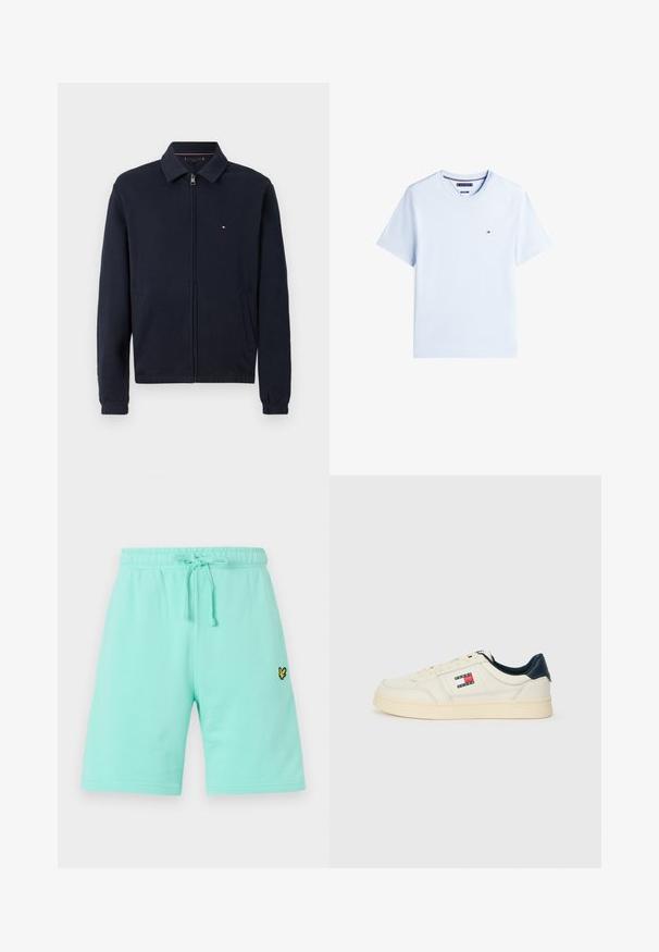 Marineblaue Zip-Jacke mit Kragen, elastischen Bündchen und seitlichen Taschen. Mit einem kleinen Logo-Akzent auf der linken Brust.; Helles blaues T-Shirt mit kurzen Ärmeln aus Baumwolle. Verfügt über einen Rundhalsausschnitt und ein kleines gesticktes Logo auf der Brust. Glatte Textur.; Helle mintgrüne Baumwollshorts mit elastischem Taillenbund und verstellbarem Kordelzug, mit einem kleinen schwarzen und gelben Logo auf der Vorderseite.; Sneaker aus cremigem weißen Leder mit einer navyblauen Ferse und Zunge, versehen mit einem Logo-Patch in Rot, Weiß und Blau an der Seite.