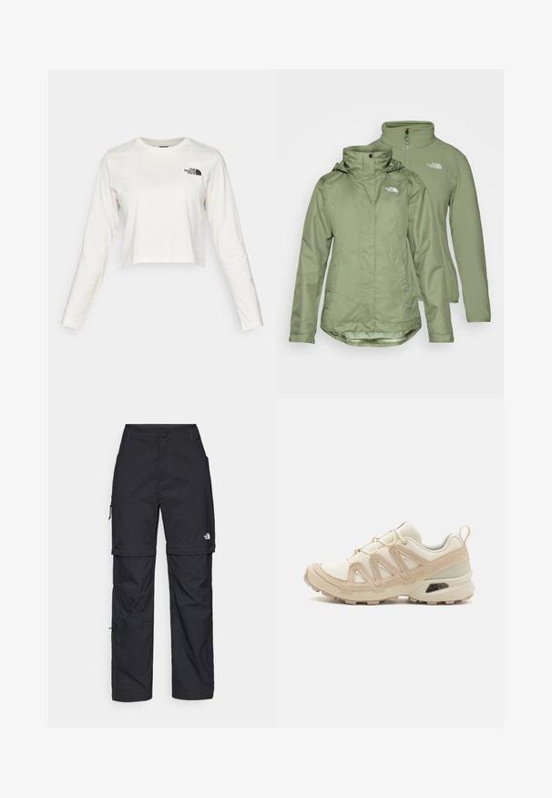 Δύο ελαιόχρωμα μπουφάν: ένα εξωτερικό αδιάβροχο κέλυφος με κουκούλα και μια μαλακή εσωτερική στρώση, και τα δύο με απλό σχέδιο και λεπτομέρεια λογότυπου.; Κοντοκομμένο μπλουζάκι μακρυμάνικο από εκρού βαμβάκι, με μικρό μαύρο λογότυπο στο αριστερό στήθος και στρογγυλή λαιμόκοψη.; Μαύρα νάιλον παντελόνια cargo με φερμουάρ που αφαιρούνται, ρυθμιζόμενους καρπούς, πολλαπλές τσέπες και λογότυπο στο δεξί πόδι. Απαλή, ελαφριά υφή.; Μπεζ και κρεμ αθλητικό παπούτσι με υφασμάτινη άνω επιφάνεια με υφή, υποστηρικτικά overlay και καουτσούκ σόλα με σχέδιο πέλματος για πρόσφυση.