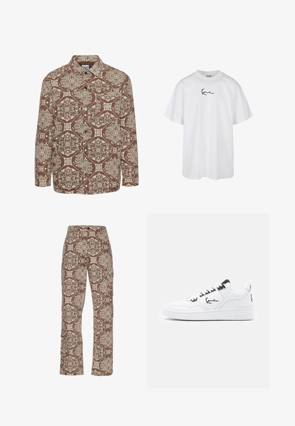 Pruun mustriga särk, millel on keerukad valged kujundid, nööbiga esiosa ja krae. Valmistatud tekstuurses kangas, pikkade varrukatega.; Valge puuvillane T-särk, millel on ümar kaelus ja lühikesed varrukad, ning keskel rinna kohal must tikitud logo.; Pruunidega mustrilised cargo-püksid, millel on keerukad kreemja ja helepruuni disainiga detailid, küljevärvid ja mugav lõige.; Valge nahkne tennis, millel on mustad aksessuaarsed detailid, koos külje peal asuva allkirjaga logoga, ümmarguse varbaga ja tekstuuriga kummitald.