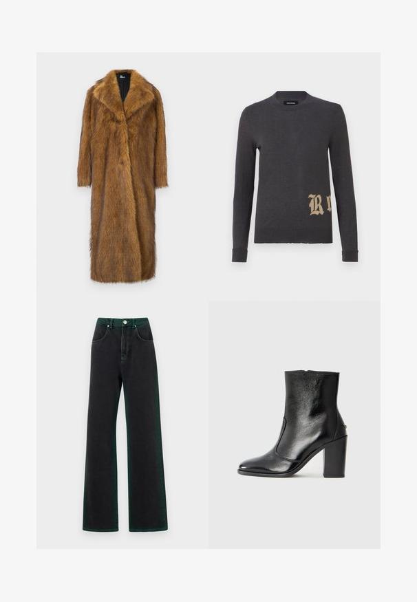 Rjav plašč iz umetnega krzna z širokim ovratnikom, dolgimi rokavi in ravnim, do kolen segajočim krojem. Ima mehak, teksturiran površinski material.; Siv svečer z dolgimi rokavi iz mehkega pletenega materiala, ki ima velik bež napis "R" na spodnjem levem delu. Okrogla izreza in tesni manšeti.; Črne široke jeans hlače z zelenimi akcenti, narejene iz denima, z visokim pasom, sprednjimi žepi in kovinskim gumbom za zapiranje.; Črne usnjene gležnarske čevlje z gladko teksturo, koničastim nosom in debelim visokim petam. Imajo stransko odprtino in minimalističen dizajn.