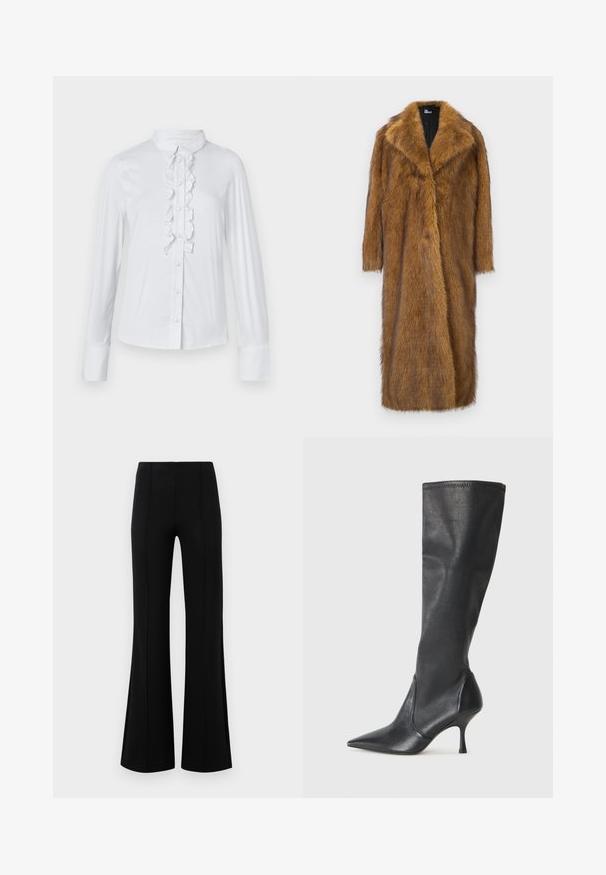 Abrigo de piel sintética marrón con un amplio cuello, mangas largas y un diseño recto hasta la rodilla. Presenta una superficie suave y texturizada.; The Kooples CHEMISE - Blusa - white; Pantalones acampanados negros de cintura alta, fabricados en tejido elástico. Presentan detalles de costura vertical en la parte delantera y una textura suave.; Botas de cuero negro hasta la rodilla con punta afilada y tacón de aguja delgado. Textura suave con un diseño ajustado y costuras en el borde superior.