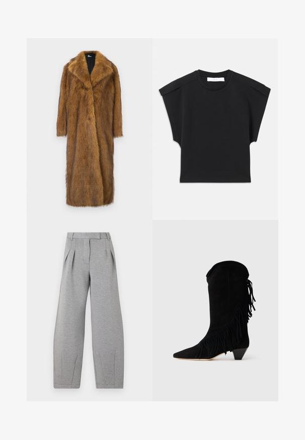 Brown faux fur coat with a wide collar, long sleeves, and a straight, knee-length design. Features a soft, textured surface.; Black short-sleeve top with a round neckline and shoulder detailing, laid flat on a white background.; Gray, wide-leg trousers made of soft fabric, featuring pleats at the front, a flat waistband, and straight seams along the legs.; Black suede ankle boot with fringe accents, pointed toe, and a mid-heel. Features a clean silhouette with textured detailing.