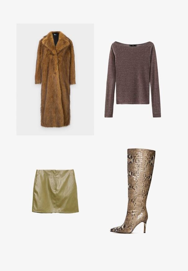 Brown faux fur coat with a wide collar, long sleeves, and a straight, knee-length design. Features a soft, textured surface.; Brown long-sleeve top with a slouched neckline, made of a shimmering, textured fabric. Simple design with no patterns or embellishments.; Olive green faux leather mini skirt with side pockets, smooth texture, and a simple, straight cut design. Features a concealed front seam.; Knee-high stiletto boot made of glossy snakeskin-patterned leather in beige, brown, and cream hues with a pointed toe and 3-inch heel.