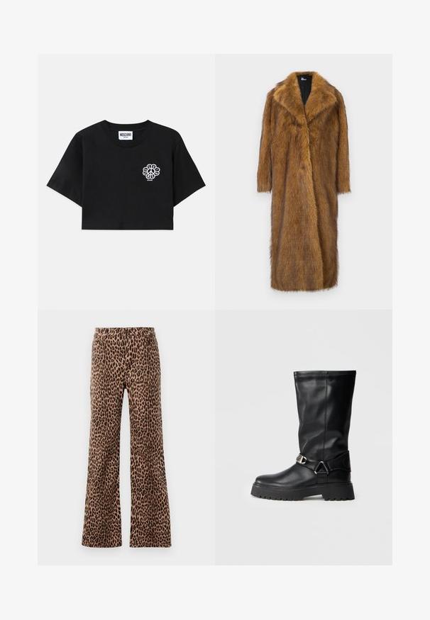 Pruun faux karvane sule, laia krae, pikkade varrukate ja sirge, põlvepikkuse disainiga. Omab pehmet, tekstuurset pinda.; Must t-särk, millel on lühikesed varrukad ja ümar kaelus, on valmistatud puuvillast. T-särgil on vasakul rindkeres valge lilleline rahu sümbol.; Beige ja musta leopardimustriga laie jalgadega püksid, millel on sile tekstuur ja kitsenev äär. Disain standardse vöökoht ja taskutega.; Mustad kuni põlvedeni saapad, mis on valmistatud siledast nahast, külgedel on pealmise aktsendina pandla ning paksem, tekstuuriga talla osa, mis tagab haarde.