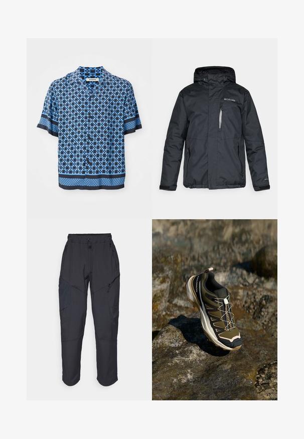 Czarna, wodoodporna kurtka z zamkiem błyskawicznym z przodu, kapturem i bocznymi kieszeniami. Posiada logo Columbia na klatce piersiowej oraz mankiety na rzepy.; Koszula z krótkim rękawem, zapinana na guziki, w kolorze niebieskim i granatowym, z geometrycznym wzorem. Wykonana z lekkiego materiału, o luźnym kroju i z płaskim kołnierzykiem.; Czarne spodnie cargo wykonane z lekkiego, wodoodpornego materiału; posiadają elastyczny pas, liczne kieszenie zapinane na zamek oraz zwężane nogawki.; Buty trekkingowe w oliwkowym zielonym i czarnym kolorze z różowymi akcentami. Posiadają teksturowaną górę, elastyczną podeszwę, wzmocniony czubek oraz kolorowy system sznurowania.