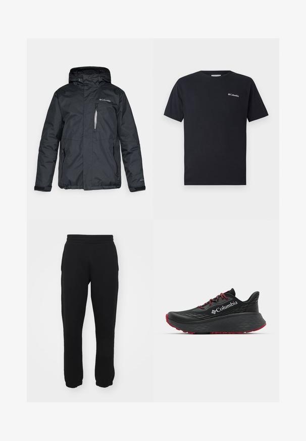 Juodas, vandeniui atsparus džemperis su užtrauktuku, kapišonu ir šoniniais kišenėmis. Ant krūtinės yra "Columbia" logotipas ir Velcro rankogaliai.; Juodas trumpas rankovės marškinėliai iš medvilnės, su mažu baltu Columbia logotipu kairėje priekyje. Klasikinis apvalus iškirpimas ir laisvas kirpimas.; Juodi sportiniai pantalai, pagaminti iš medvilnės mišinio, su elastinga juosmeniu, siaurėjančiomis kojomis ir sutrauktomis rankovėmis ties kulkšniais. Paprastas dizainas, be raštų.; Juodas sportinis batelis su tekstūruota viršutine dalimi, raudonais raišteliais ir logotipu. Storas padas su raštuotu protektoriu traukai. Minimalistinis dizainas, šoninis vaizdas.