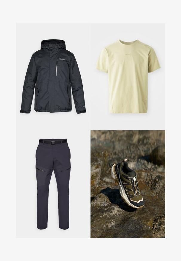 Czarna, wodoodporna kurtka z zamkiem błyskawicznym z przodu, kapturem i bocznymi kieszeniami. Posiada logo Columbia na klatce piersiowej oraz mankiety na rzepy.; Salomon - Koszulka sportowa; Ciemnoniebieskie spodnie outdoorowe o slim fit, z zamykanymi na zamek kieszeniami, wzmocnionymi łatami na kolanach oraz regulowanym paskiem w talii. Wykonane z lekkiego materiału.; Buty trekkingowe w oliwkowym zielonym i czarnym kolorze z różowymi akcentami. Posiadają teksturowaną górę, elastyczną podeszwę, wzmocniony czubek oraz kolorowy system sznurowania.