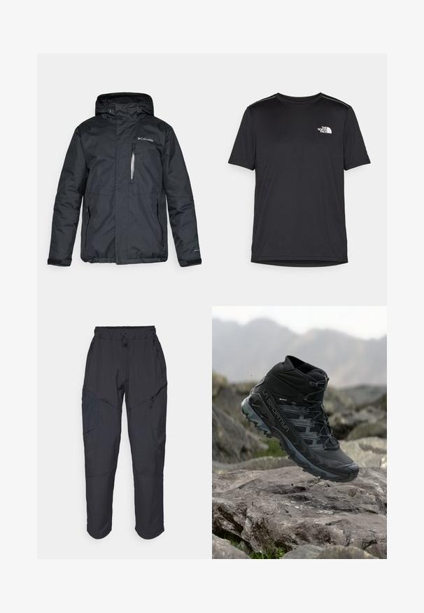 Crna, vodootporna jakna s patentnim zatvaračem sprijeda, kapuljačom i bočnim džepovima. Ima Columbia logo na prsima i čičak manžete.; Crna majica kratkih rukava izrađena od lagane tkanine. Ima mali bijeli logo na lijevoj strani grudi i suptilne naglaske na ramenima.; Crne cargo hlače izrađene od laganog, vodootpornog materijala; imaju elastičnu utakmicu u struku, više munje na džepovima i sužene nogavice.; Crni visoki planinarski čizme s teksturiranim sintetičkim gornjim dijelom, Gore-Tex oblogom i višesmjernom potplatnom. Prikazan u zraku iznad stjenovitog tla.
