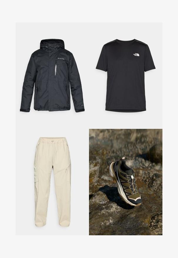Svart, vattentät jacka med zippered front, huva och sidofickor. Har Columbia-logotypen på bröstet och kardborrefästen vid ärmsluten.; Svart kortärmad T-shirt i lättviktig tyg. Har en liten vit logotyp på vänster bröst och subtila axeltoner.; Beige lätta cargobyxor med elastisk midja, dragkedjefickor på sidorna och en avsmalnad bendesign för en avslappnad passform.; Vandringsskor i olivgrönt och svart med rosa detaljer. Har en texturerad ovandel, flexibel sula, förstärkt tåhätta och en färgglad snörningssystem.