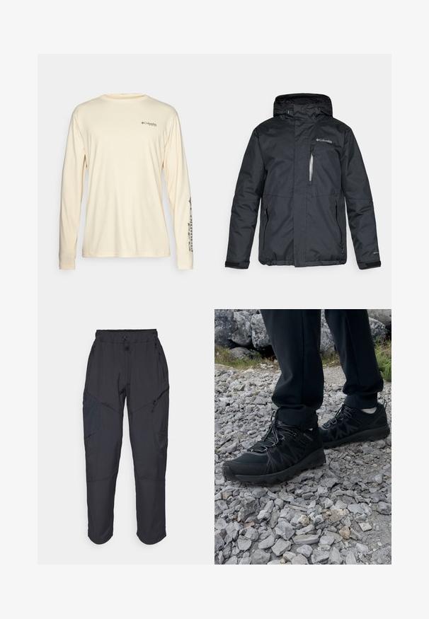 Svart, vanntett jakke med glidelåsfeste foran, hette og sidelommer. Har Columbia-logo på brystet og borrelåsfester ved håndleddene.; Lys beige langermet skjorte laget av glatt stoff, med rund hals, logo på brystet og merking langs venstre erme.; Sorte cargo bukser laget av et lett, vannavvisende materiale; har elastisk midje, flere glidelåslommer og smale ben.; Sorte utendørssko i svart med mesh og syntetisk materiale, med en teksturert overdel, sikret snøresystem og en robust såle, på steinete terreng.
