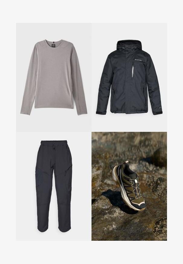 Sort, vandtæt jakke med lynlås foran, hætte og sidelommer. Har Columbia-logo på brystet og Velcro-manchetter.; Grå langærmet skjorte med rund hals, sideslids og glat, strækbart stof. Minimalistisk design uden mønstre eller udsmykninger.; Sorte cargo bukser lavet af et let, vandafvisende materiale; har elastisk talje, flere lynlåslommer og tætsiddende ben.; Vandrestøvle i olivengrøn og sort med pink accenter. Har en tekstureret overdel, fleksibel sål, forstærket tåhætte og farverigt snøresystem.