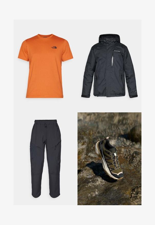 Fekete, vízálló dzseki cipzáros elülső részel, kapucnival és oldalsó zsebekkel. A mellrészen Columbia logóval és tépőzáras mandzsettákkal rendelkezik.; The North Face M SS SIMPLE DOME TEE - Sportfelső - earthen copper; Fekete cargo nadrág, könnyű, vízálló anyagból; rugalmas derékrésszel, több cipzáras zsebbel és szűkített lábszárral rendelkezik.; Olívazöld és fekete túrabakancs rózsaszín részletekkel. Jellemzői közé tartozik a texturált felsőrész, a rugalmas talp, a megerősített orr- és a színes fűzőrendszer.
