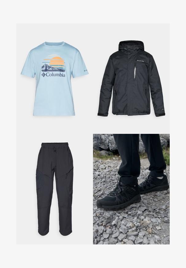 Svart, vanntett jakke med glidelåsfeste foran, hette og sidelommer. Har Columbia-logo på brystet og borrelåsfester ved håndleddene.; Lyseblå t-skjorte med kort erm som har et grafisk motiv med solnedgang, fjell, og Columbia-logoen i marineblått nederst.; Sorte cargo bukser laget av et lett, vannavvisende materiale; har elastisk midje, flere glidelåslommer og smale ben.; Sorte utendørssko i svart med mesh og syntetisk materiale, med en teksturert overdel, sikret snøresystem og en robust såle, på steinete terreng.