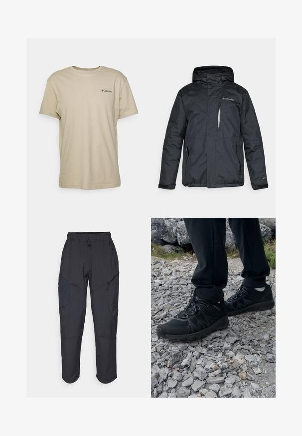 Chaqueta negra e impermeable con cremallera frontal, capucha y bolsillos laterales. Presenta el logo de Columbia en el pecho y puños con velcro.; Camiseta de algodón beige con mangas cortas, cuello redondo y un pequeño logo negro en el área del pecho izquierdo. Textura suave, diseño casual.; Pantalones cargo negros hechos de un material ligero y resistente al agua; cuentan con una cintura elástica, múltiples bolsillos con cremallera y piernas ajustadas.; Zapatos exteriores negros con malla y material sintético, que presentan un upper texturizado, un sistema de cordones seguro y una suela robusta, sobre terreno rocoso.