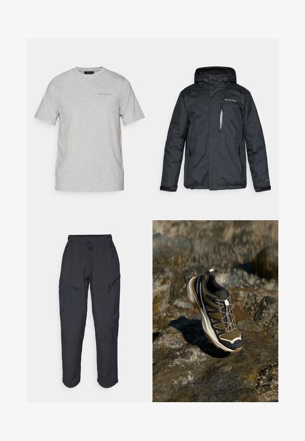 Black, waterproof jacket with a zippered front, hood, and side pockets. Features Columbia logo on the chest and Velcro cuffs.; Light grey short-sleeve crew neck t-shirt with subtle "Peak Performance" logo on the left chest.; Black cargo pants made from a lightweight, water-resistant material; features elastic waistband, multiple zippered pockets, and tapered legs.; Hiking shoe in olive green and black with pink accents. Features a textured upper, flexible sole, reinforced toe cap, and colorful lacing system.
