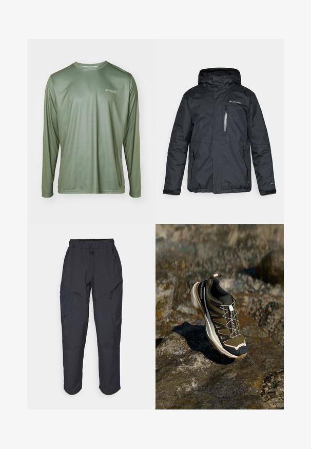 Fekete, vízálló dzseki cipzáros elülső részel, kapucnival és oldalsó zsebekkel. A mellrészen Columbia logóval és tépőzáras mandzsettákkal rendelkezik.; Columbia TERMINAL TACKLE PFG LINE TIME - Hosszú ujjú felső - cypress; Fekete cargo nadrág, könnyű, vízálló anyagból; rugalmas derékrésszel, több cipzáras zsebbel és szűkített lábszárral rendelkezik.; Olívazöld és fekete túrabakancs rózsaszín részletekkel. Jellemzői közé tartozik a texturált felsőrész, a rugalmas talp, a megerősített orr- és a színes fűzőrendszer.