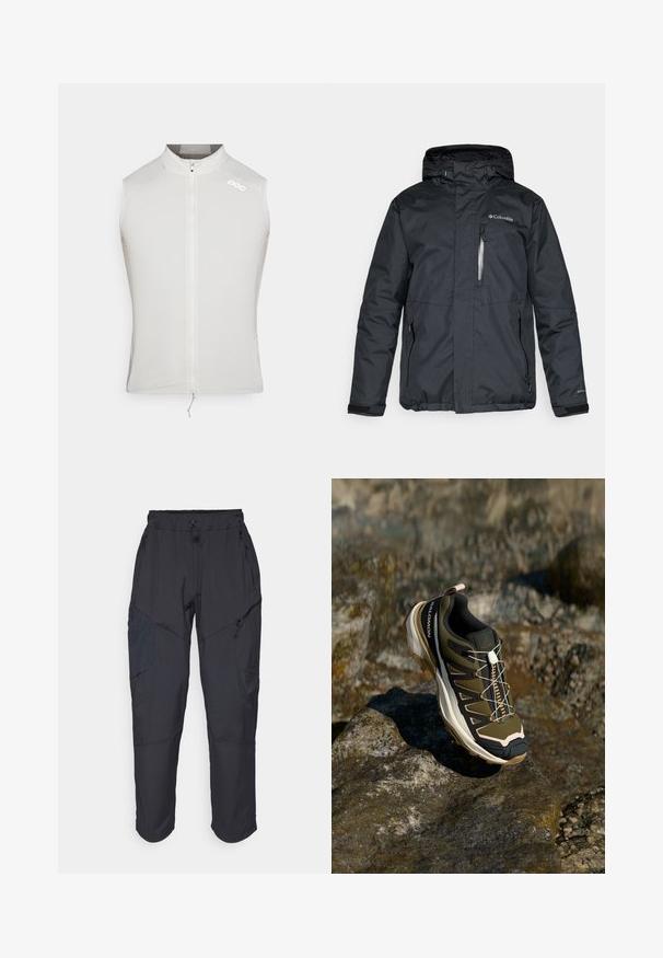 Veste noire imperméable avec une fermeture éclair à l'avant, une capuche et des poches latérales. Présente le logo Columbia sur la poitrine et des poignets en Velcro.; Gilet de cyclisme léger sans manches en blanc avec un col structuré et une fermeture éclair à l'avant. Comprend des détails de logo et un tissu lisse et texturé.; Pantalons cargo noirs en matériau léger et résistant à l'eau ; dotés d'une taille élastique, de plusieurs poches zippées et de jambes fuselées.; Chaussure de randonnée en vert olive et noir avec des accents roses. Elle présente un dessus texturé, une semelle flexible, une coque avant renforcée et un système de laçage coloré.