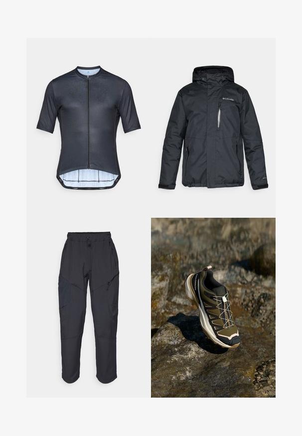 Μαύρο, αδιάβροχο μπουφάν με φερμουάρ μπροστά, κουκούλα και πλαϊνές τσέπες. Διαθέτει το λογότυπο Columbia στο στήθος και κωδωνοειδή μανίκια με βέλκρο.; Κοντομάνικο ποδηλατικό μπλουζάκι σε σκούρο γκρι με μπροστινό φερμουάρ, αδιάσπαστο σχέδιο και αναπνεύσιμη εσωτερική επένδυση. Περιλαμβάνει διακριτική σήμανση.; Μαύρο cargo παντελόνι κατασκευασμένο από ελαφρύ, αδιάβροχο υλικό; διαθέτει ελαστική μέση, πολλαπλές τσέπες με φερμουάρ και στενές μύτες.; Πεζοπορικά παπούτσια σε ελιά πράσινο και μαύρο χρώμα με ροζ λεπτομέρειες. Διαθέτουν υφή στην επάνω πλευρά, ευέλικτη σόλα, ενισχυμένη λοξότμητη μύτη και πολύχρωμο σύστημα κορδονιών.