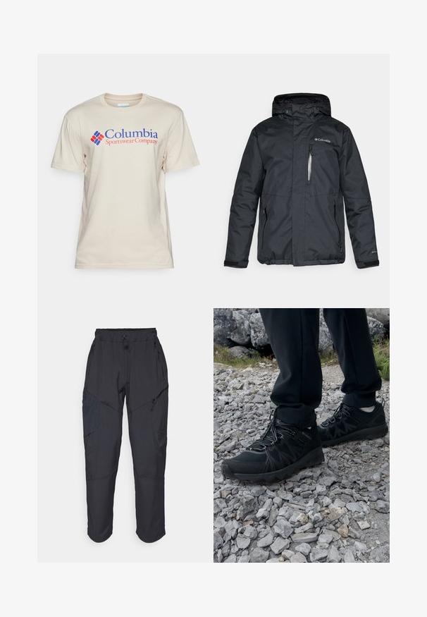 Svart, vanntett jakke med glidelåsfeste foran, hette og sidelommer. Har Columbia-logo på brystet og borrelåsfester ved håndleddene.; Columbia BASIC LOGO™ SHORT SLEEVE - T-shirts med print - dark stone; Sorte cargo bukser laget av et lett, vannavvisende materiale; har elastisk midje, flere glidelåslommer og smale ben.; Sorte utendørssko i svart med mesh og syntetisk materiale, med en teksturert overdel, sikret snøresystem og en robust såle, på steinete terreng.