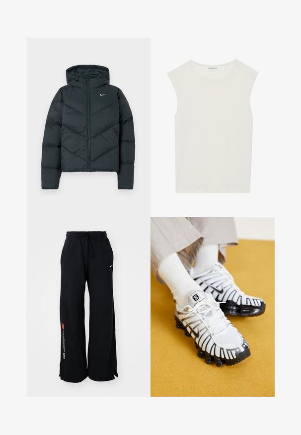 Dark green puffer jacket with a hood, featuring a zip closure, chevron stitching, and a small white logo on the left chest.; White sleeveless top with a round neckline. Made of smooth fabric, it features a relaxed fit and minimalist design. No patterns or accents.; Black sweatpants made of cotton, featuring a drawstring waistband, side slits at the hem, and contrasting orange and white text on one leg.; White and black athletic shoes with a mesh upper, rubber sole, and distinctive ribbed design. Worn with white ribbed socks.