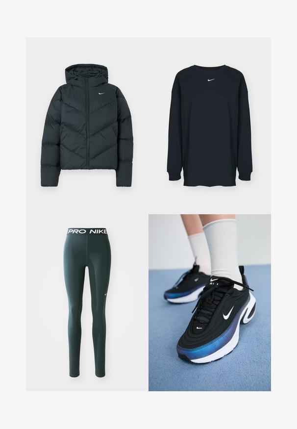 Donkergroene pufferjack met een capuchon, voorzien van een ritssluiting, chevronstiksels en een klein wit logo op de linkerborst.; Zwarte lange mouwen T-shirt van katoen met een ronde hals. Bevat een wit Nike-logo op de borst. Zachte textuur, eenvoudig ontwerp.; Donkergroene leggings van rekbaar materiaal, met een brede tailleband met het "PRO NIKE"-logo en een klein wit Nike-swoosh aan de zijkant.; Zwarte Nike sneakers met een glad bovenwerk van stof, voorzien van een verloop van blauw naar zwart, witte zool en opvallende logo-accenten.