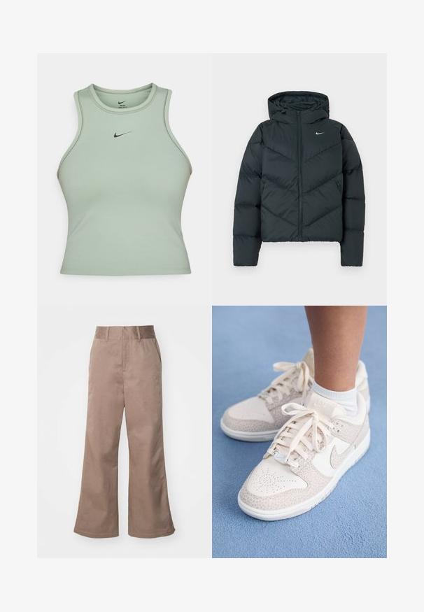 Tume roheline puffjakker koos kapuutsiga, mis on varustatud lukuga, chevron-õmblustega ja väike valge logo vasakul rinnal.; Kerge roheline ilma varrukat sportlik tank top, mis on valmistatud siledast kangast. Esipoolt kaunistab väike must Nike logo ning peened õmblused.; Pruunest puuvillast laiad püksid kõrge vöökoha, esikottide ja siledaga. Hem on veidi laiem.; Lähedane vaade beige ja valgete Nike tossudele, millel on mustrilised kattekihtid, seismas inimese jalgadel sinisel vaibal.