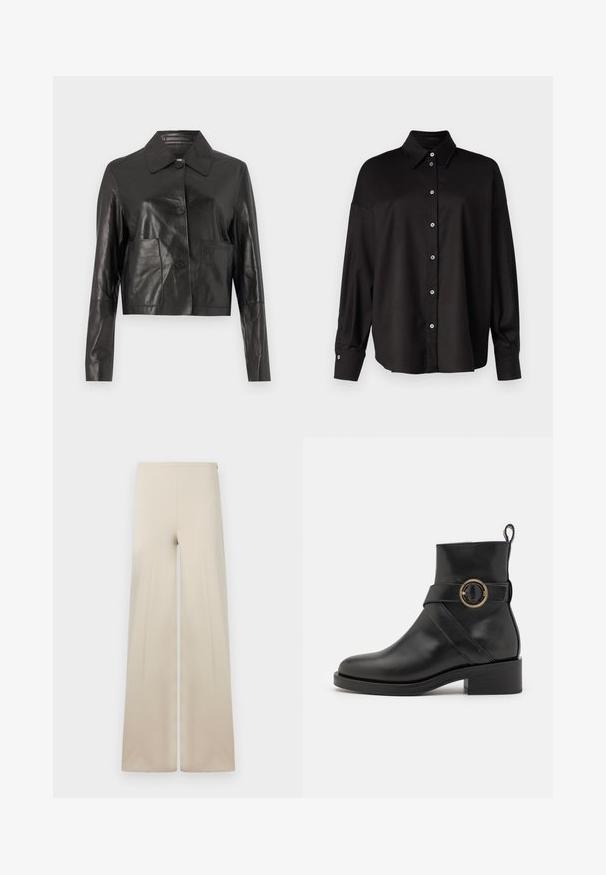Veste en cuir noir ajustée avec une texture lisse, fermeture à boutons, col pointu et deux poches avant. Manches longues avec un design ajusté.; DRYKORN LYSILA - Chemisier - black; Pantalons amples beiges en tissu doux avec une texture lisse. Dotés d'une taille élastique haute pour le confort et d'un design épuré et minimaliste.; BOSS IRYNA BOOTIE - Bottines à plateau - black