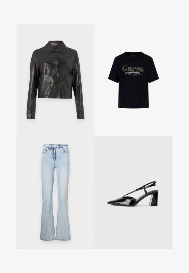 Melna īsa ādas jaka ar gludu tekstūru, pogu aizdare, punktveida apkakle un divas priekšējās kabatas. Garas piedurknes ar pieguļošu dizainu.; Melna kokvilnas T-kreklu ar apaļu kakla izgriezumu un īsām piedurknēm. Satur mirdzošu "Guess" logo un tekstu "Izveidots 1981. gadā".; Gai zila džinsu bikses ar platu apakšējo daļu, augstu jostasvietu, piecu kabatu dizainu un maigi izbalējušiem diegiem priekšpusē un aizmugurē.; Melnas lakotas ādas sandalējas augstpapēžu kurpes ar smailu purngalu, regulējamu siksniņu un masīlu taisnstūrveida papēdi.