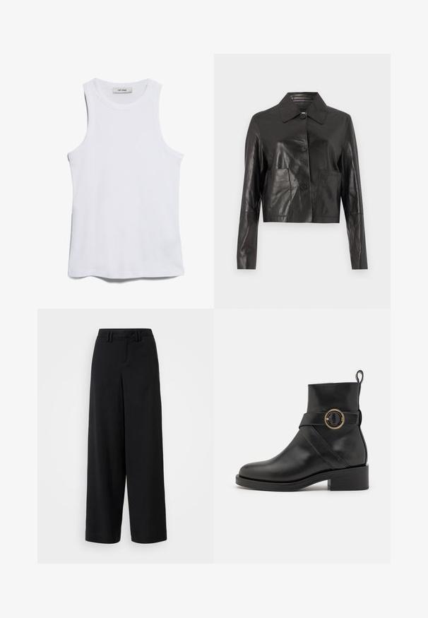 Zwarte leren cropped jack met een gladde textuur, knoopsluiting, spitse kraag en twee voorzakken. Lange mouwen met een aansluitend ontwerp.; Witte geribbelde tanktop met een ronde hals en brede armsgaten. Heeft een soepele textuur en een rechte zoom. Etiket zegt "IVY OAK."; Zwarte wijde broek van gladde stof, met een flat-front ontwerp, geplooide details en riemlussen in de tailleband.; BOSS IRYNA BOOTIE - Enkellaarsjes met plateauzool - black