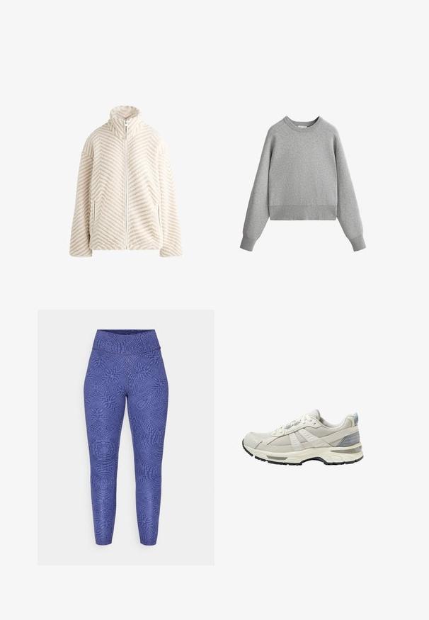 Fleecejack in crème met een vissengraatpatroon. Voorzien van een hoge kraag, volledige rits aan de voorkant en zijzakken. Zachte textuur.; Grijze crewneck sweatshirt met lange raglanmouwen. Gemaakt van zachte stof, met een geribbelde halslijn en zoom. Lichtgewicht en casual ontwerp.; Paarse leggings met een gestructureerd, patroonontwerp. Beschikt over een hoge tailleband en taps toelopende benen, gemaakt van een rekbare, ademende stof.; Beige sportschoen met een bovenwerk van gestructureerd mesh en gladde accenten. Voorzien van een gewatteerde zool, versterkte neus en een zwarte rubberen buitenzool.