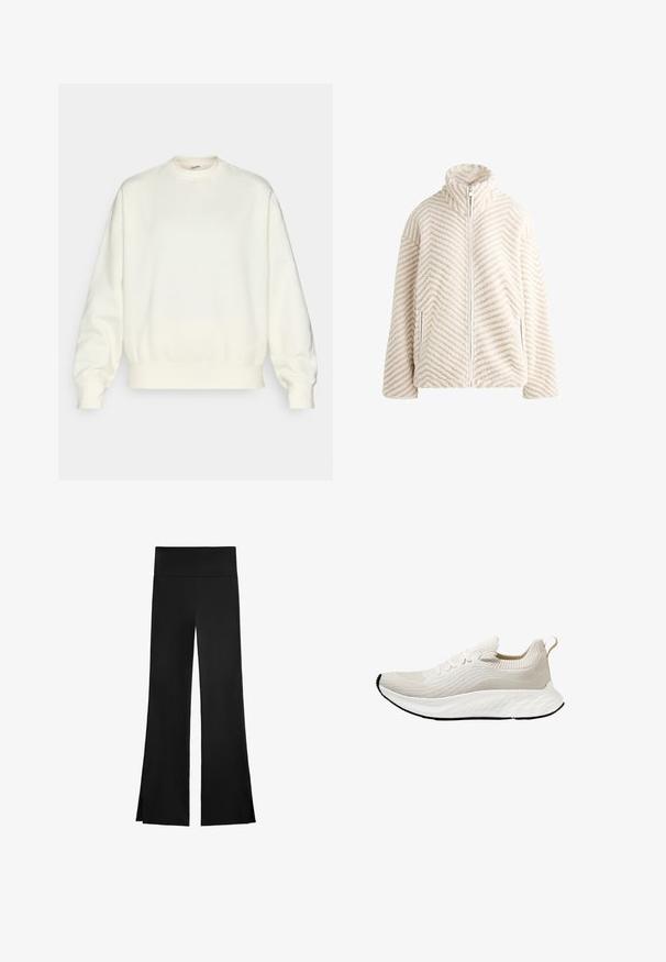 Krémszínű polárdzseki hiszáldíszítéssel. Magas gallérral, teljes előlapi cipzárral és oldalsó zsebekkel rendelkezik. Puha tapintású.; Tej színű, puha anyagból készült pulóver. Kerek nyakkivágással, esett vállakkal, valamint bordás mandzsettákkal és aljjal rendelkezik. Egyszerű, minta nélküli dizájn.; Fekete nadrág, széles szárakkal, magas derékkal és oldalsó hasítékokkal a könnyű mozgás érdekében. Simító, rugalmas anyagból készült.; Felhőfehér sportcipő, texturált kötött felsőrésszel és rugalmas talppal, díszes fűzőkkel és hátul pull tab-bal.