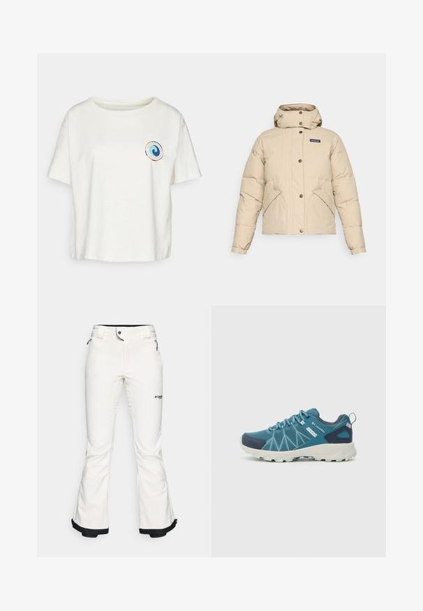 Casaco de inverno acolchoado bege com gola alta, fecho de botão de pressão, bolsos frontais diagonais, punhos elásticos e pequeno logótipo da Patagonia no peito.; Patagonia UNITY FITZ EASY CUT RESPONSIBILI-TEE - T-shirt estampada - birch white; Calças de esqui brancas feitas de um material suave e flexível. Apresenta uma cintura ajustada, pernas largas e evasê, e um acabamento preto nas bainhas. Logotipo da marca visível.; Columbia PEAKFREAK™ II OUTDRY™ - Sapatos de caminhada - blue heron/skylight
