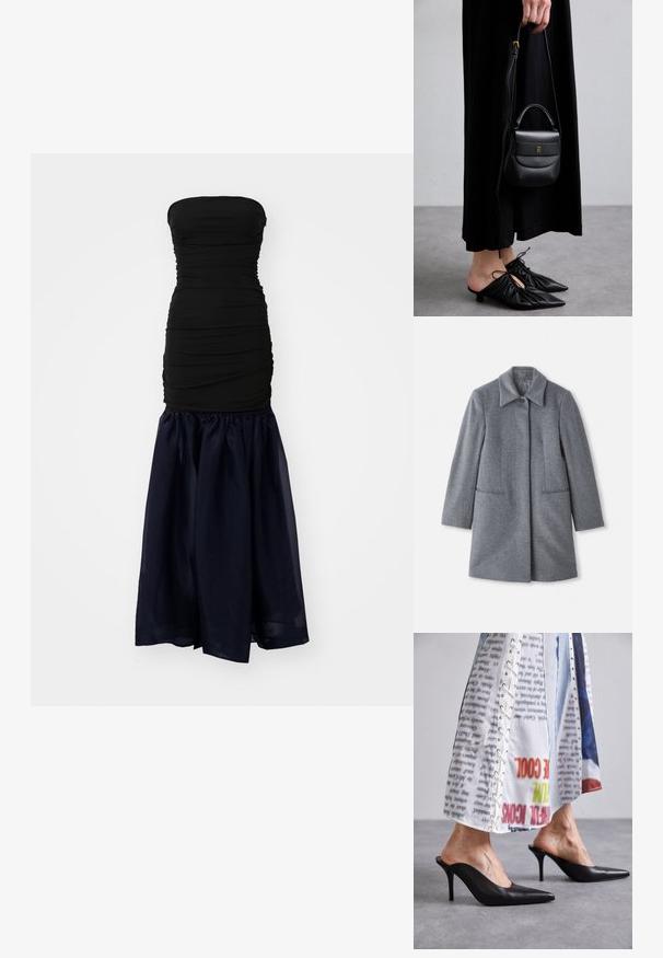 Palton gri din lână, de lungime medie, cu guler lat, un singur buton vizibil și două buzunare frontale orizontale, expus pe un fundal alb.; STAUD LIYA DRESS - Îmbrăcăminte de ocazie - black/navy; Muli negri din piele cu vârful ascuțit și toc stiletto, asortați cu o îmbrăcăminte albă cu un model care dispune de detalii cu șireturi.; Geantă mică din piele neagră, cu o formă rotunjită, mânere superioare și curea detașabilă. Pur tată cu o rochie din material negru și pantofi plisati negri.
