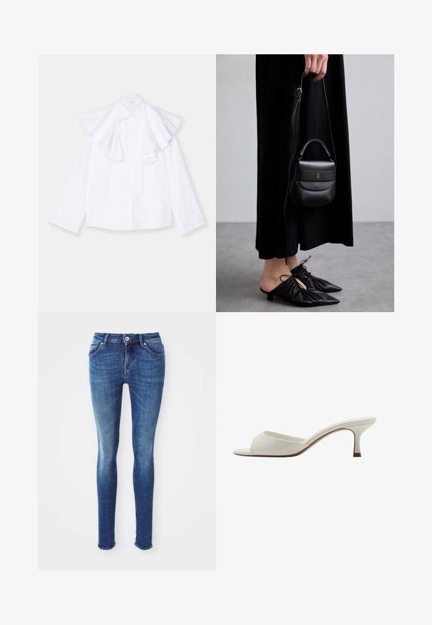 Szary wełniany płaszcz o średniej długości z szerokim kołnierzem, z jednym widocznym guzikiem i dwiema poziomymi kieszeniami z przodu, wyeksponowany na białym tle.; Jasno beżowa bluzka z długim rękawem, wysokim kołnierzem i zamkiem z tyłu, wykonana z miękkiego, gładkiego materiału; ma dopasowany krój i prosty dół.; Biała bawełniana koszula z dużym, falbaniastym kołnierzem i długimi rękawami, z zapięciem na guziki z przodu i prostym krojem.; Niebieskie dżinsowe spodnie skinny o gładkiej fakturze, średnio osadzone w talii, z pięcioma kieszeniami i lekkim przecieraniem na udach. Posiadają metalowy guzik oraz zamek błyskawiczny.; Białe, otwarte na palcach mule na wysokim obcasie o gładkim wykończeniu, minimalistycznym designie i smukłym obcasie, z subtelnym brązowym akcentem na podeszwie.; Mała czarna skórzana torebka o zaokrąglonym kształcie, z uchwytem na górze i odpinanym paskiem. Noszona z czarną sukienką materiałową i czarnymi plisowanymi butami.; Kolczyki w kształcie kół w kolorze złotym z kręconym wzorem, posiadające żebrowaną fakturę i gładkie wykończenie. Lekkie i puste w środku.