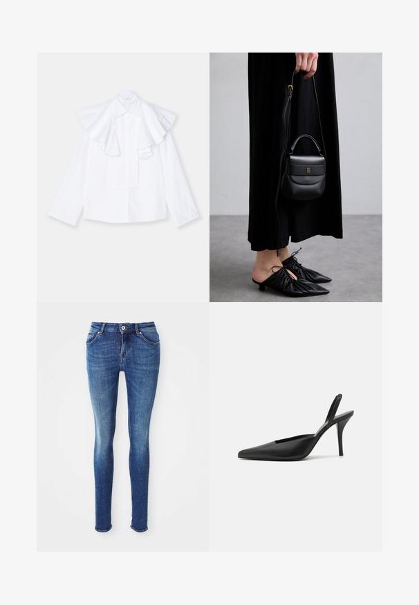 Grå uld midt-længde frakke med en bred krave, en synlig knap og to vandret frontlommer, præsenteret på en hvid baggrund.; Lys beige langærmet top med høj krave og lynlås i ryggen, lavet af et blødt, glat stof; har en tætsiddende pasform og lige kant.; Hvid bomulds skjorte med en stor, flæset krave og lange ærmer, der har knaplukning foran og en lige silhuet.; Blå denim skinny jeans med en glat tekstur, mellemhøj talje, fem lommer og let falming på lårene. Skønhed med metalknap og lynlås.; Sorte slingback høje sko med spidse tæer, glat lædermateriale og et elegant, minimalistisk design. Høj stiletto hæl.; Lille sort læder håndtaske med en rund form, topgreb og aftagelig rem. Bæres med sort stofkjole og sorte plisserede sko.; Guldtonede hoopsøreringe med et snoet design, der har en ribbet tekstur og en glat overflade. Let og hul konstruktion.