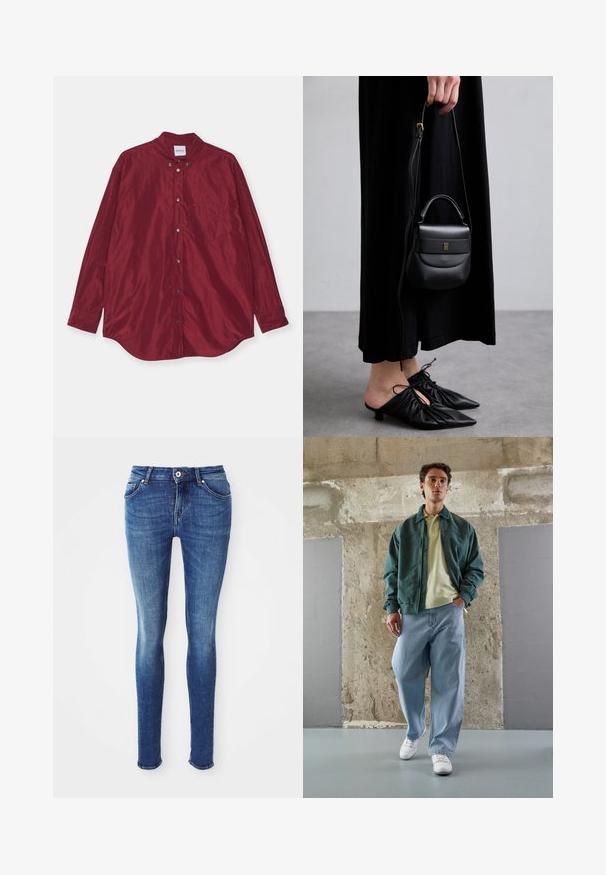 Pelēks vilnas mētelis vidējā garumā ar plašu apkakli, vienu redzamu pogu un divām horizontālām priekšējām kabatām, izlikts uz balta fona.; Gai bēšs garām piedurknēm tops ar augstu apkakli un aizmugures rāvējslēdzēju, izgatavots no mīksta, gluda auduma; ar pieguļošu dizainu un taisnu apakšmalu.; Bordo krāsas, garās piedurknes krekls, izgatavots no gludas auduma. Tam ir pogājams apkakles, priekšējā kabata un smalka spīduma. Pogas ir sudraba krāsā.; Zili zili džinsi ar pieguļošu siluetu, gludu tekstūru, vidēju jostasvietu, piecām kabatām un vieglām balināšanas pēdām uz augšstilbiem. Iespējama metāla poga un rāvējslēdzējs.; Zaļš bumbers ar gaismas dzeltenu polo, kopā ar brīvām zilo džinsu biksēm un baltām sporta apaviem. Gludi audumi, brīvs piegriezums, minimāls aprīkojums.; Maza melna ādas rokassoma ar noapaļotu formu, augšējo rokturi un noņemamu siksnu. Valkāta kopā ar melnu auduma kleitu un melniem kroku apaviem.; Zeltaini auskari ar griezumu dizainu, kas iezīmējas ar ribotu tekstūru un gludu apdari. Vieglas un tukšas konstrukcijas.