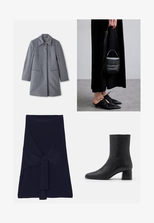 Šedý vlněný kabát strednej dĺžky so širokým golierom, s jedným viditeľným gombíkom a dvoma vodorovnými prednými vreckami, vystavený na bielom pozadí.; Svetlo béžový top s dlhými rukávmi, vysokým golierom a zipsom na chrbte, vyrobený z jemnej hladkej tkaniny; má priliehavý strih a rovný lem.; Námornícka modrá sukňa typu wrap vyrobená z mäkkej, elastickej látky s uzlovým dizajnom vpredu, s hladkou textúrou a upravenými okrajmi.; Čierna kožená členková čižma s špicatou špičkou a masívnym štvorcovým podpätkom. Hladká textura s bezšvovým dizajnom a minimalistickým prešívaním.; Malá čierna kožená kabelka zaobleného tvaru, s hornou rukoväťou a odnímateľným popruhom. Nosená s čiernymi látkovými šatami a čiernymi plisovanými topánkami.; Náušnice v zlatej farbe vo forme kruhu s točiacim sa dizajnom, s drážkovanou textúrou a hladkým povrchom. Ľahká a prázdna konštrukcia.