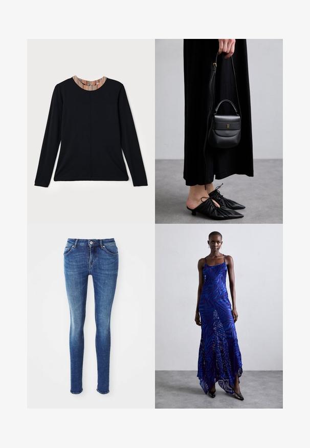 Grau wollener Mantel in mittellanger Form mit breitem Kragen, einem sichtbaren Knopf und zwei horizontalen vorderen Taschen, präsentiert auf einem weißen Hintergrund.; Hellbeige Langarmoberteil mit hohem Kragen und einem Reißverschluss auf der Rückseite, aus einem weichen, glatten Stoff gefertigt; hat ein tailliertes Design und einen geraden Saum.; Schwarzes Langarmshirt mit rundem Ausschnitt, ausgestattet mit einem mehrfarbigen gestreiften Akzent am Kragen. Glattes Material mit lässiger Passform.; Blaue Denim-Skinny-Jeans mit glatter Textur, mittelhohem Bund, fünf Taschen und leichter Ausbleichung an den Oberschenkeln. Mit Metallknopf und Reißverschluss.; Maxikleid im blauen und lila Tiermuster mit dünnen Trägern, einem taillierten Oberteil, ausgestelltem Saum und transparenten Überlagerungen.; Kleine schwarze Ledertasche mit runder Form, Obergriff und abnehmbarem Riemen. Getragen zu einem schwarzen Stoffkleid und schwarzen plissierten Schuhen.; Goldfarbene Creolen mit einem gedrehten Design, das eine gerippte Textur und eine glatte Oberfläche aufweist. Leicht und hohl konstruiert.