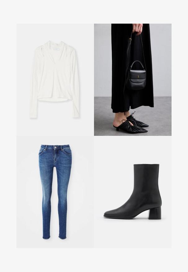 Gray wool mid-length coat with a wide collar, single visible button, and two horizontal front pockets, displayed on a white background.; Light beige long-sleeve top with high collar and a back zip, made of a soft, smooth fabric; features a fitted design and straight hem.; Long-sleeve, white top with a v-neckline, features shoulder cutouts, a relaxed fit, and a hem that curves slightly at the bottom.; Blue denim skinny jeans with a smooth texture, mid-rise waist, five pockets, and light fading on the thighs. Features metal button and zip fly.; Black leather ankle boot with a pointed toe and a chunky square heel. Smooth texture with a seamless design and minimalistic stitching.; Small black leather handbag with a rounded shape, top handle, and removable strap. Worn with black fabric dress and black pleated shoes.; Gold-tone hoop earrings with a twisting design, featuring a ribbed texture and a smooth finish. Lightweight and hollow construction.